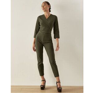 ADAY Womens Destination Jumpsuit XS Wrap Top 3/4 Sleeve Moss Slim Leg Stretch